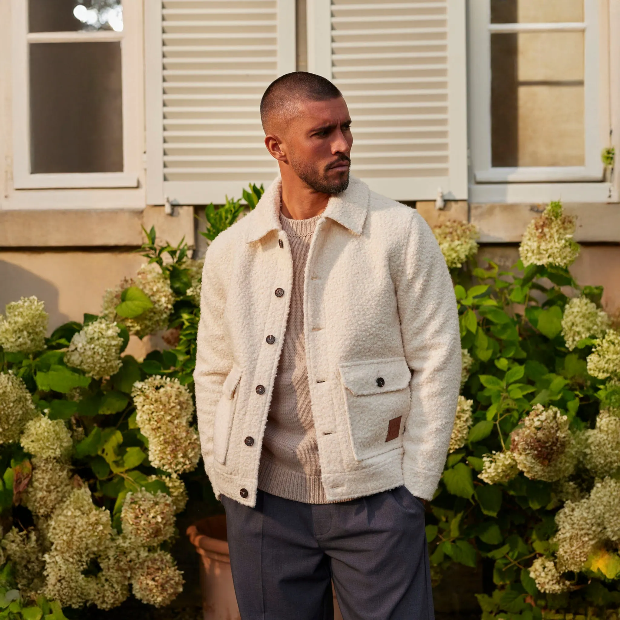 Front View of Belier Boucle Ecru Wool Jacket BM390ECR